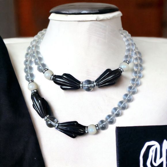 Vintage Art Deco Style Clear Lucite Bead Black & White Necklace Opera Length 30” - Picture 1 of 4